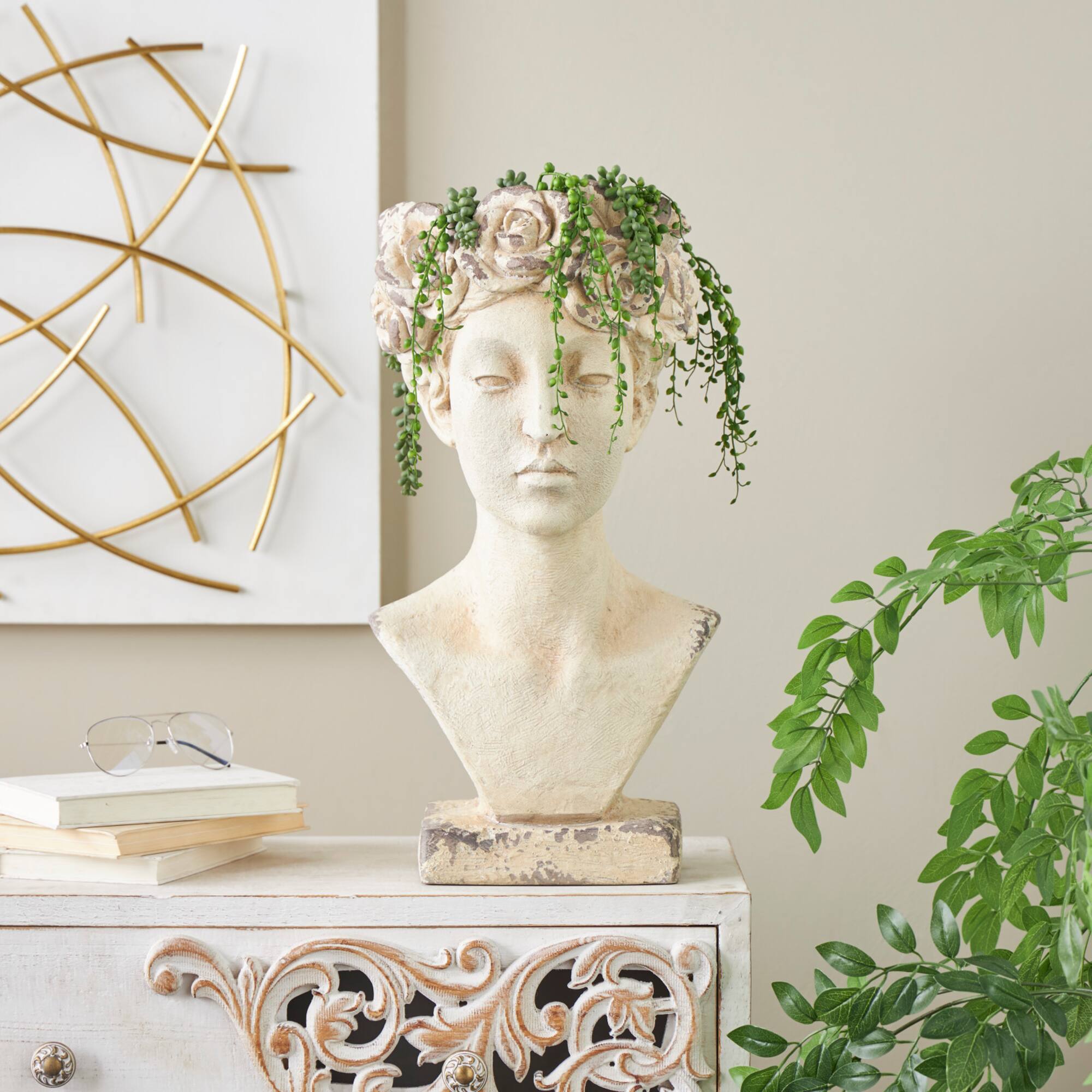 22" Cream Distressed Woman Antique Greek Bust Planter